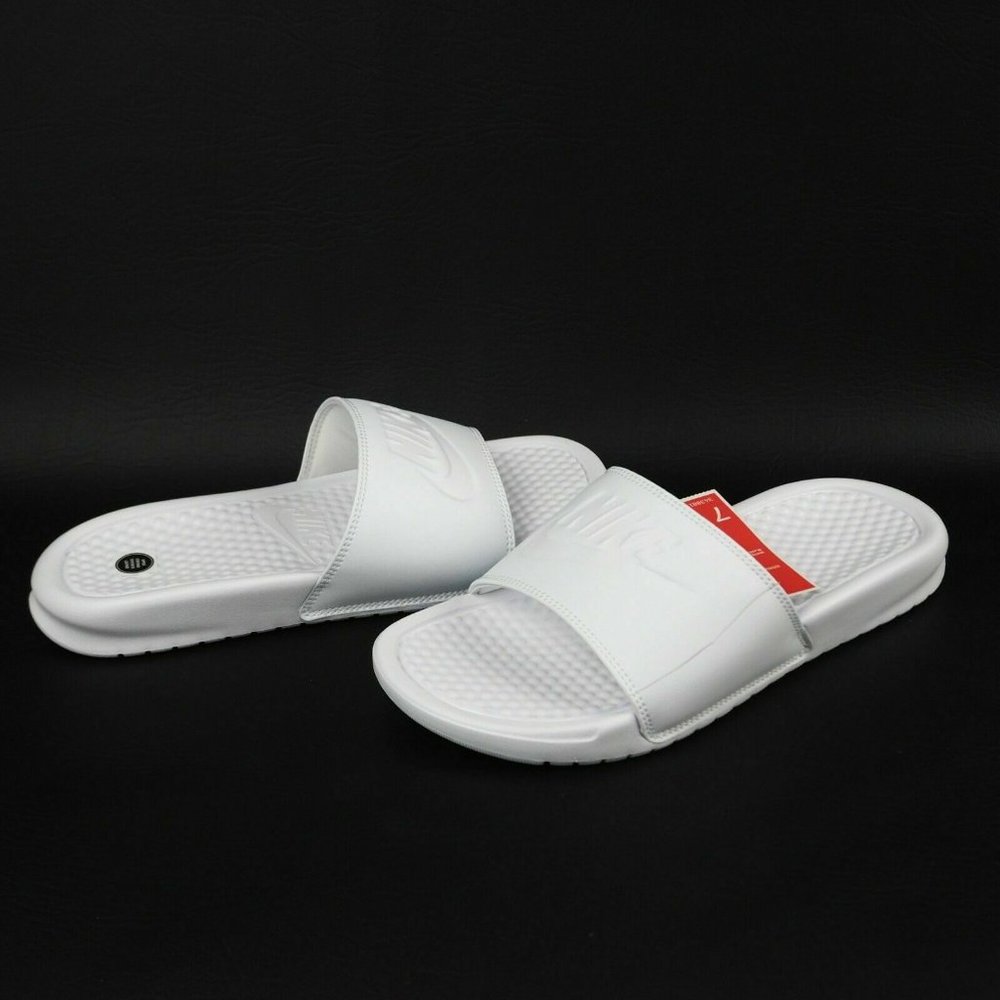Nike Benassi JDI Women Sandals Slide All White Leather Outdoors - Picture 7 of 12